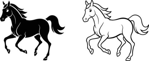 Two illustrations of a running horse, one in solid black and the other in outline, vector