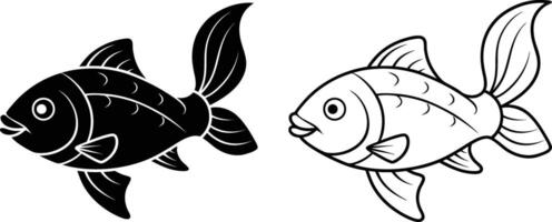 Two cartoon fish in side view, one black and one white outline, with rounded bodies, large eyes, and fins. They face right. vector
