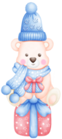 Cute Watercolor Christmas Bear with blue hat and blue scarf Illustration. Adorable Holiday Bear Art for Festive Decor. Hand Drawn Christmas Animal with Holiday Cheer. png