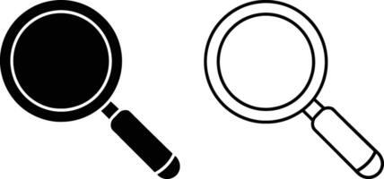 Two magnifying glass icons, one in black and white and one in outline form, both facing right with handles. The icons are isolated on a white background. vector