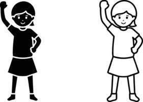 The image depicts a girl standing with a raised hand and a big smile, radiating joy and cheerfulness. The black and white silhouette style enhances the simplicity and clarity of the image. vector