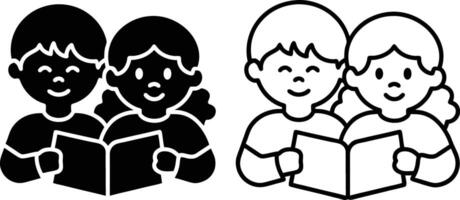 Two smiling children, a boy and a girl, are reading a book together. They are both happy and engaged in the activity. vector