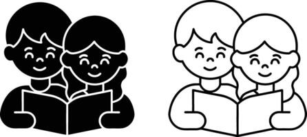 Two children, a boy and a girl, are smiling while reading a book together. The illustration is in a simple cartoon style and is suitable for various educational materials. vector