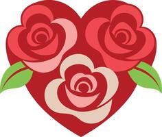 A red heart shape with three roses, two red and one pink, with green leaves on each side. vector