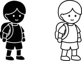 A simple, cartoonstyle illustration of a schoolboy with a backpack, shown in both filledin black and outlined white versions. vector