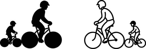 Two adults and two children are riding bicycles. The father and son are on larger bikes, while the mother and daughter are on smaller bikes. vector