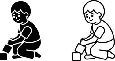 Two children, one in black and one in white, are shown playing with building blocks, kneeling and placing blocks on top of each other. vector