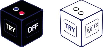 Two 3D cubes, one black and one white, showing TRY and OFF labels. The black cube has a red and blue button on top. vector