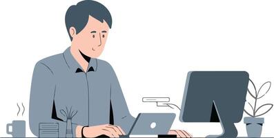 office worker at computer with man white babackground vector