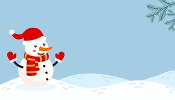 Cheerful snowman in a red hat and scarf enjoying a winter day in a snowy landscape vector