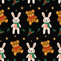Cute patterned illustration of bunnies and bears among festive elements on a dark background vector