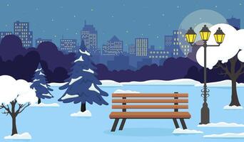 A serene winter night scene with a snow-covered park bench and city skyline in the background vector
