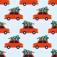 Festive red cars carrying Christmas trees on a light blue background in a repeating pattern vector