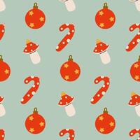 Colorful Christmas pattern featuring ornaments, candy canes, and mushrooms on a light background vector