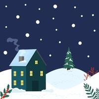 A cozy winter night scene with a snow-covered house and a Christmas tree in the background vector