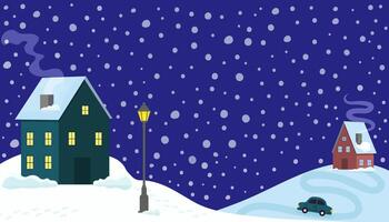 Snowy evening in a quiet neighborhood with houses and a lamppost under a night sky vector