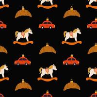 Whimsical pattern featuring rocking horse, croissant, and red car on a black background vector