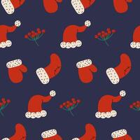 Colorful winter pattern featuring Santa hats and mittens with red berries on a dark background vector