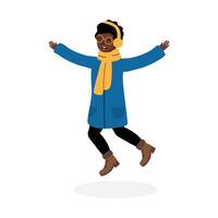 A joyful child jumping in a blue winter coat with yellow accessories during cold weather vector