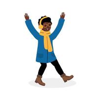 Joyful child dancing in winter attire with earmuffs and a scarf on a snowy day vector