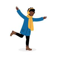 Joyful child dancing in winter attire with earmuffs and a scarf on a snowy day vector
