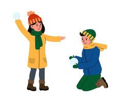 Two people enjoying a snowball fight during winter in a snowy landscape vector
