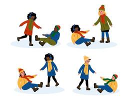 Playful winter fun with friends falling in the snow at a park on a sunny day vector
