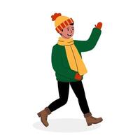 Cheerful child walking in winter attire with a warm hat and scarf against a white background vector