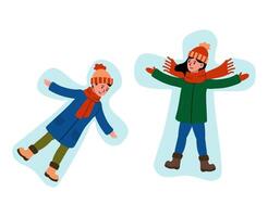 Children making snow angels in a winter landscape with bright colors and playful expressions vector