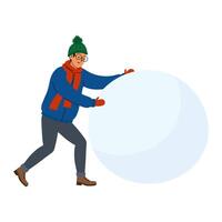 A man in winter attire rolls a large snowball in a snowy landscape during daylight hours vector