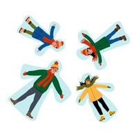 Children making snow angels in a winter landscape, dressed warmly and enjoying the fun in the snow vector