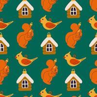 Colorful pattern featuring squirrels, birds, and cozy birdhouses on a green background vector