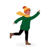 Cheerful child wearing winter attire happily skipping on a snowy day in a bright, playful setting vector