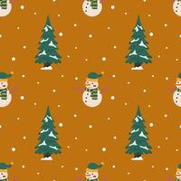 Festive winter pattern featuring snowmen and trees on an orange background during the holiday season vector