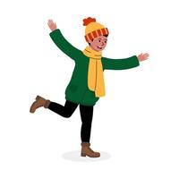 A cheerful child skating joyfully in winter attire on a snowy day vector