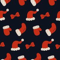 Colorful festive pattern featuring Christmas hats, mittens, and bows on a dark background vector