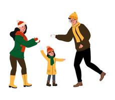 Family enjoying a winter day playing snowball fight in a snowy park setting vector