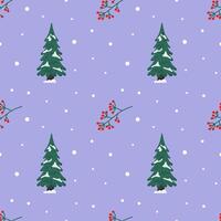 Winter pattern featuring snow-covered trees and red berries on a purple background vector