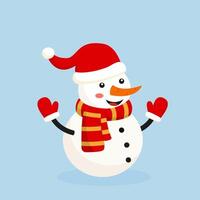 A cheerful snowman wearing a red hat and scarf poses against a light blue background vector