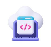 Computer laptop webpage with code symbol and cloud. Big data, web development, software engineering, programming and coding concept. 3d icon. Cartoon minimal style. vector