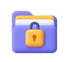 Folder with documents and a lock. Data security, information protection, privacy concept. 3d icon. Cartoon minimal style. vector