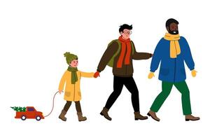 Family enjoying a winter walk while pulling a toy truck with a Christmas tree in a festive setting vector