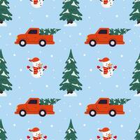 Colorful winter pattern featuring snowmen, trees, and trucks with Christmas trees vector