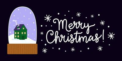 A festive snow globe scene with a green house and the words Merry Christmas displayed prominently vector