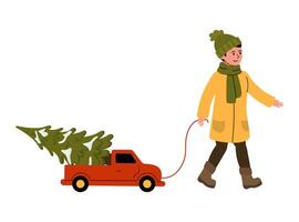 Person joyfully pulling a toy truck with a Christmas tree on a winter day vector