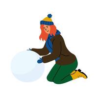A young woman in winter attire builds a snowball while kneeling in the snow during a snowy day vector