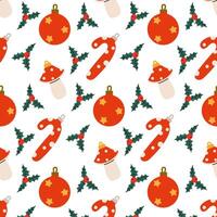 Festive holiday pattern featuring ornaments, candy canes, and holly on a white background vector