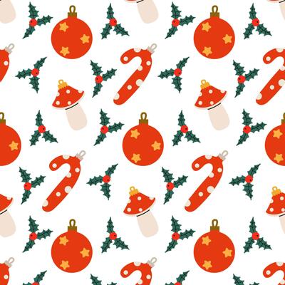 Festive holiday pattern featuring ornaments, candy canes, and holly on a white background