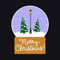 A festive snow globe with evergreen trees and a lamp post set in a winter wonderland for Christmas vector
