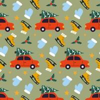 Colorful festive pattern featuring cars with Christmas trees and holiday items on a green background vector